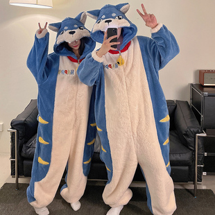 法兰绒男女士连体睡衣冬季卡通搞怪大灰狼加厚珊瑚绒情侣款家居服