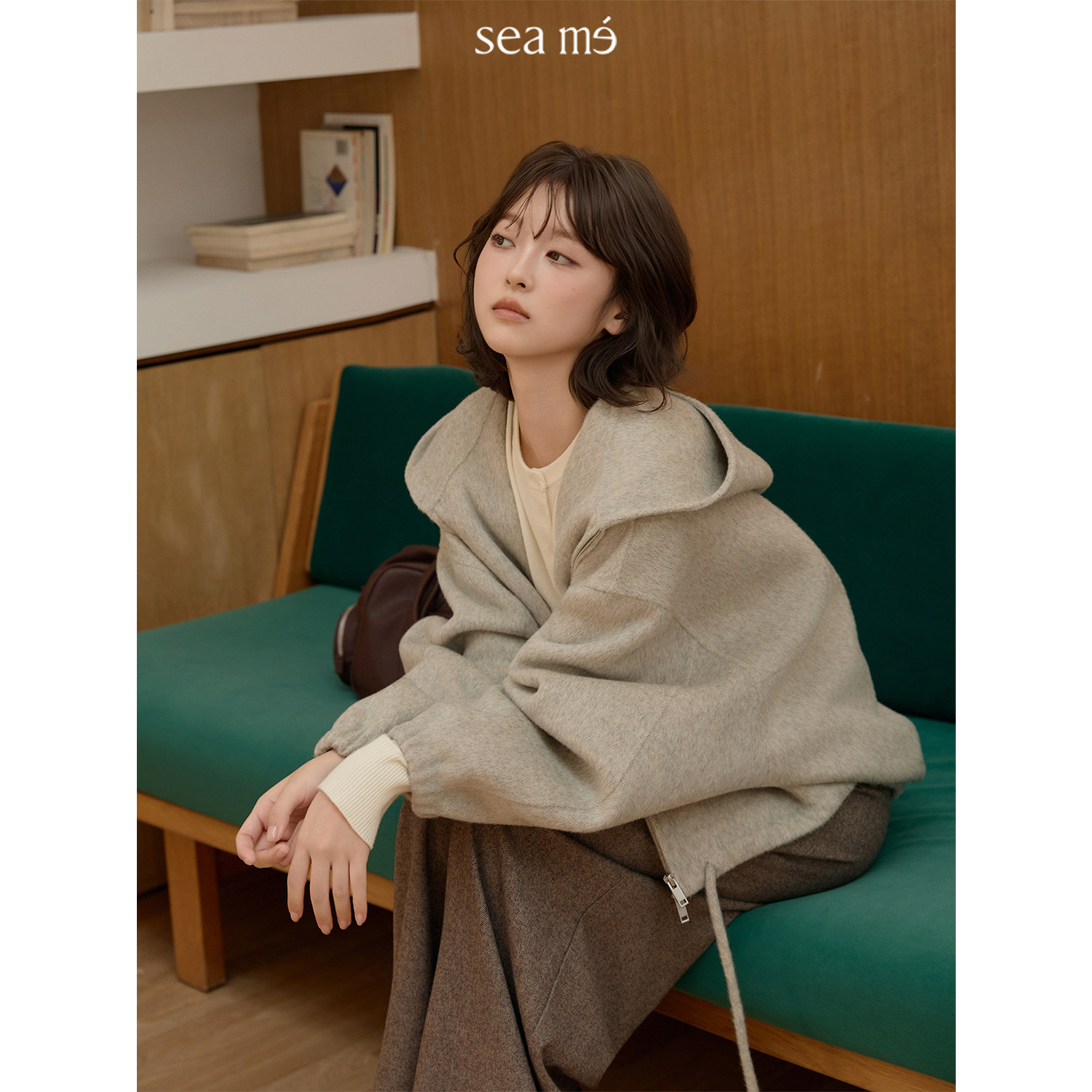 Seame汐觅【欧米】牦牛绒连帽毛呢外套羊毛双面呢大衣女短款呢子