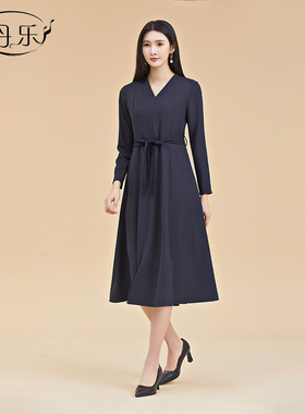 琳丹乐新款藏蓝色V领连衣裙长袖秋冬显瘦高端气质a字裙通勤39132