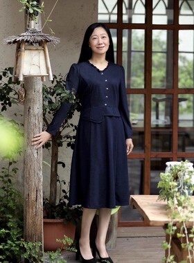 丹同款 琳丹乐2025秋冬新品优雅牛仔蓝长袖连衣裙59530