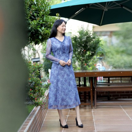 丹同款 琳丹乐2025新品优雅蓝花长袖碎花网纱连衣裙59513