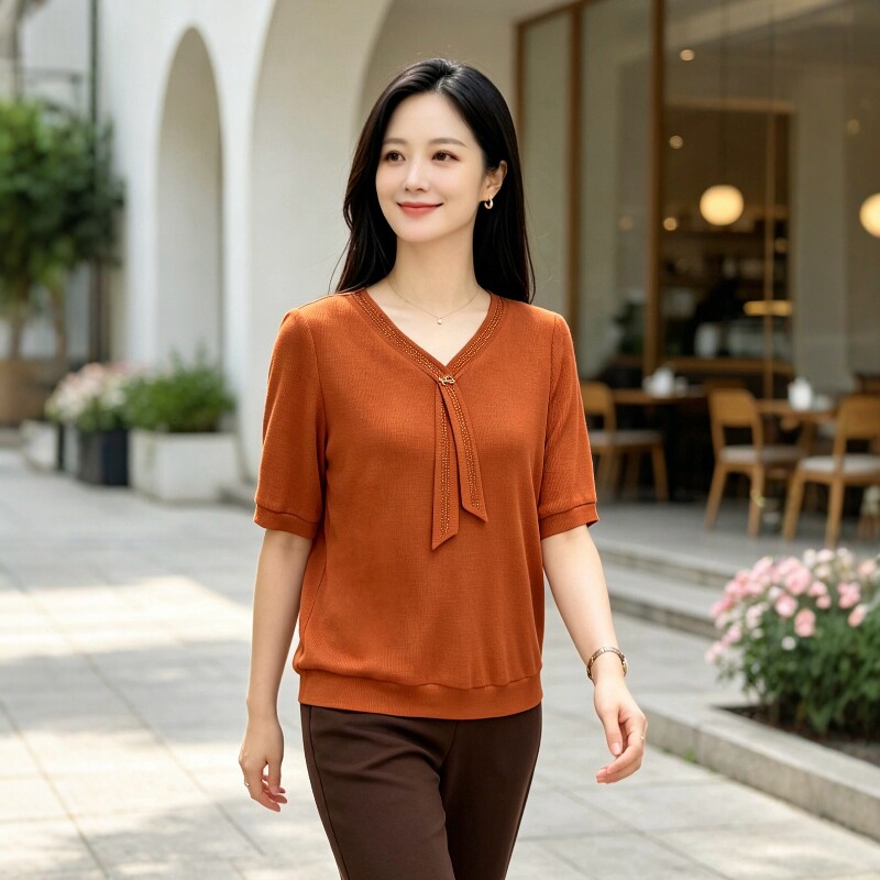 丹同款 琳丹乐2026秋装新品洋气V领短袖妈妈装中老年上衣69575