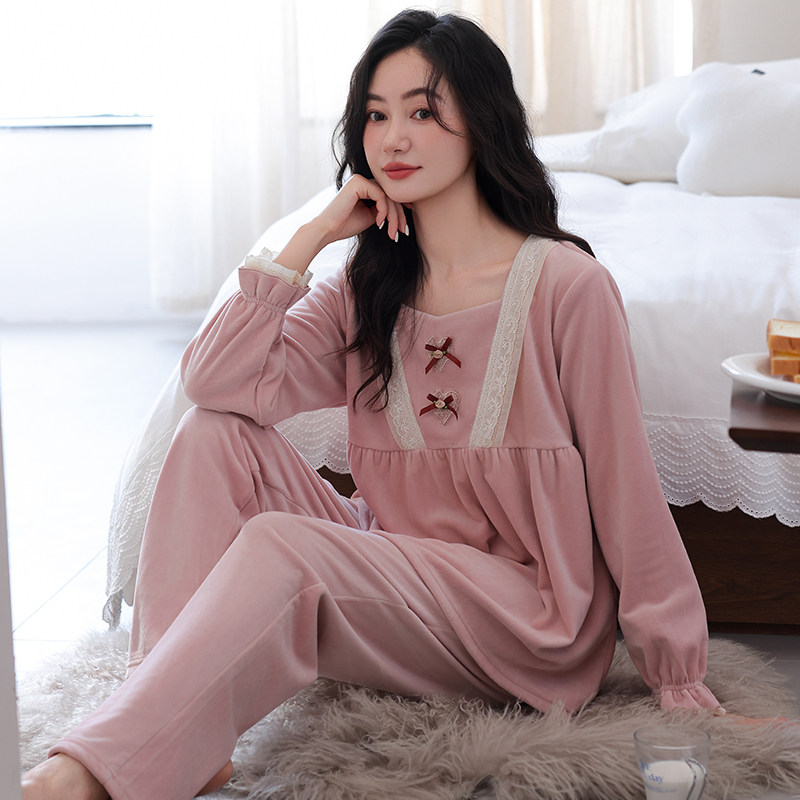 圆人甜美方领长袖海岛绒睡衣女蕾丝花边蝴蝶结秋冬套头家居服套装
