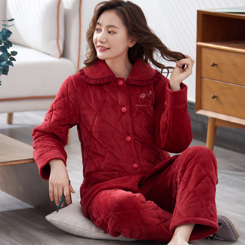 女冬加厚加绒中年人家居服套装