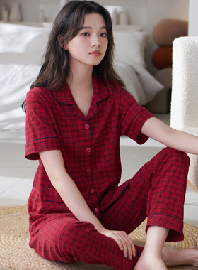 圆人睡衣女夏纯棉短袖长裤两件套2025新款春秋大码红色家居服套装