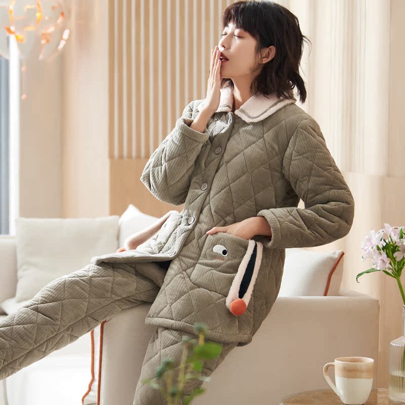 圆人睡衣女冬加厚珊瑚绒夹棉套装