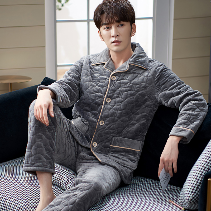 珊瑚绒秋冬款夹棉男士套装睡衣