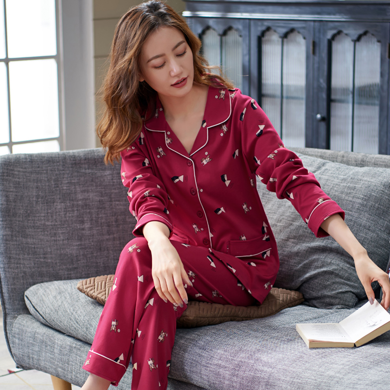 圆人睡衣女春秋纯棉长袖大码中老年妈妈秋冬红色本命年家居服套装