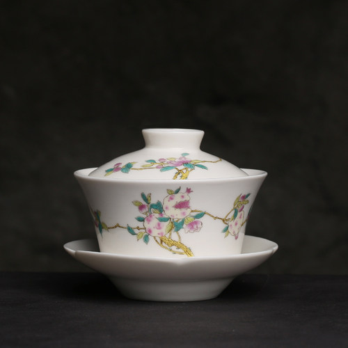 老货粉彩石榴蟠桃高温陶瓷盖碗