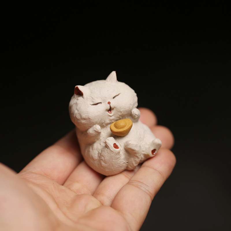 茶宠原矿白泥元宝猫趴趴猫茶玩