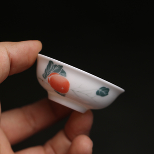 老潮州库存矮款茶杯高温陶瓷工夫茶杯夏天釉中彩柿子游鱼兰彩