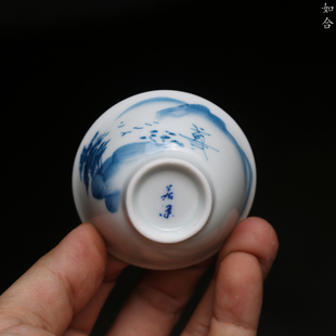 山水古逸若深杯 标准功夫工夫茶杯釉下彩陶瓷茶具手绘防烫反口杯