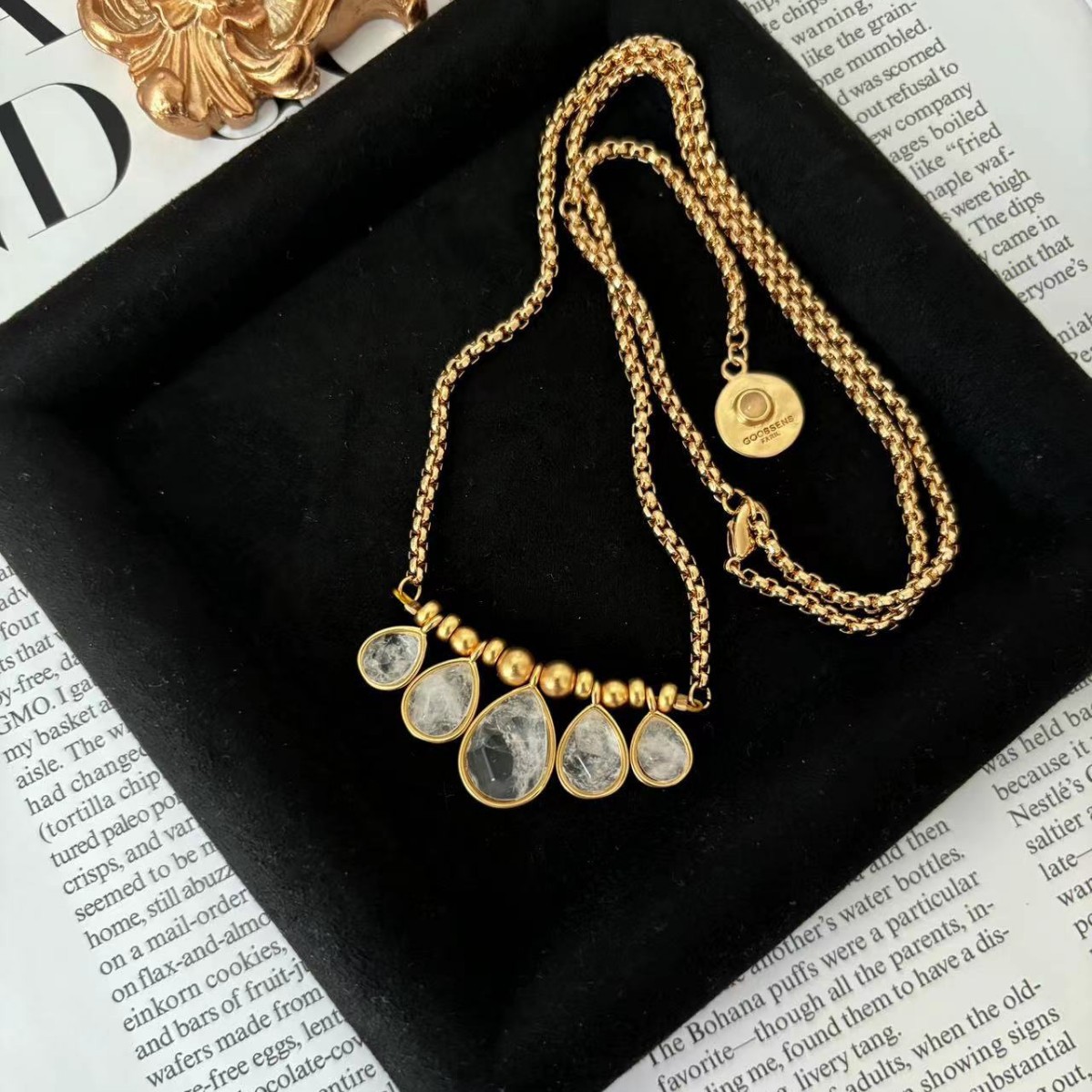 复古GOOSSENS古森 水滴水晶吊坠项链毛衣链 首饰配饰气质简约