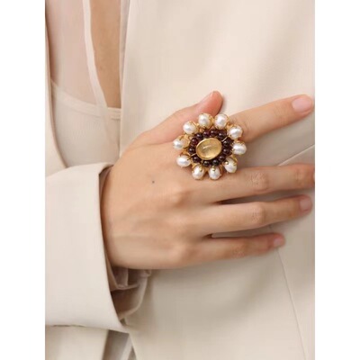 Goossens法式小众天然巴洛克珍珠红石榴镶嵌开口戒指指环复古风