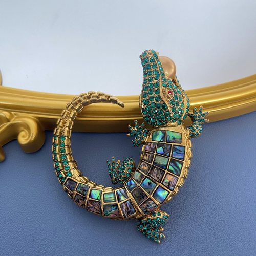 中古vintage饰品金色鳄鱼镶钻胸针动物造型宫廷风镶嵌贝壳胸针