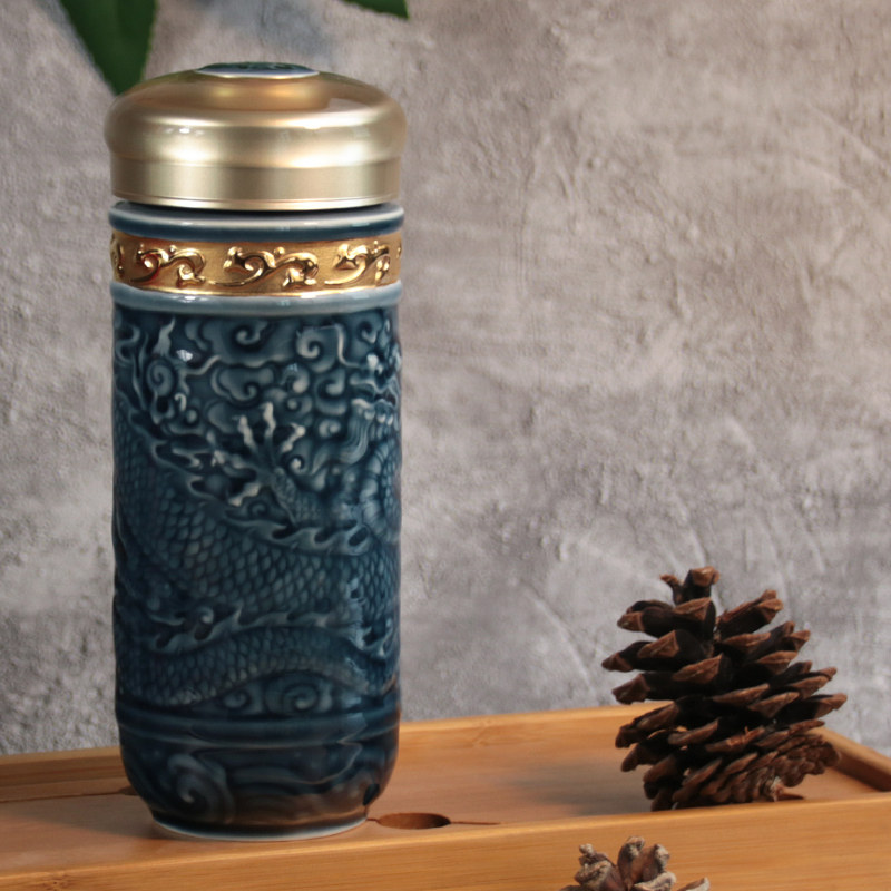 乾唐轩活瓷杯 大尊龙双层带盖便携随身杯陶瓷茶水杯子男礼盒装