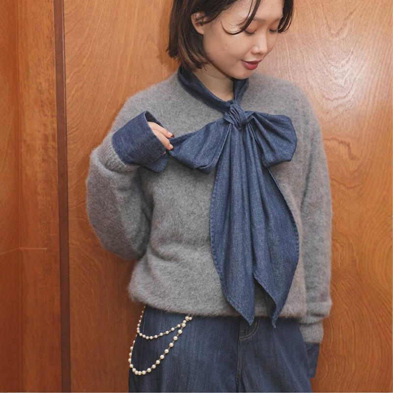 SLOBEIENA蝴蝶结飘带牛仔衬衫