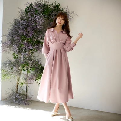 Herlipto纯色翻领收腰连衣裙