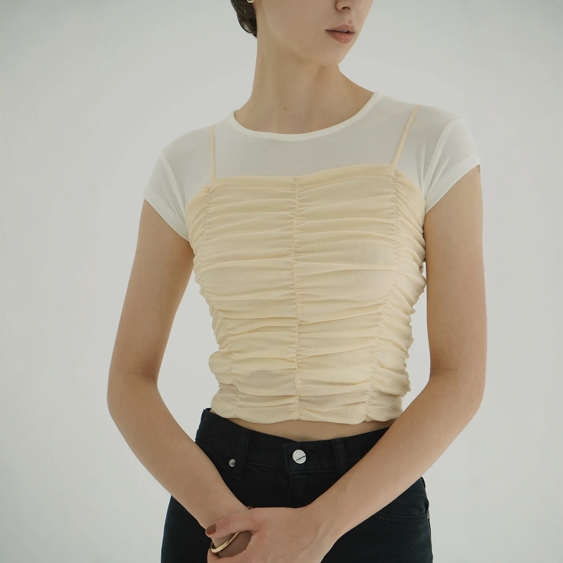 CLANE百搭薄纱褶饰吊带背心