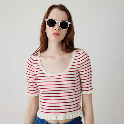 DEICY罗纹针织花边短袖上衣