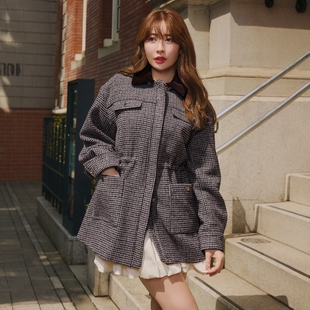 日代 Herlipto Odeon Hooded Coat 25AW 千鸟格天鹅绒领连帽外套