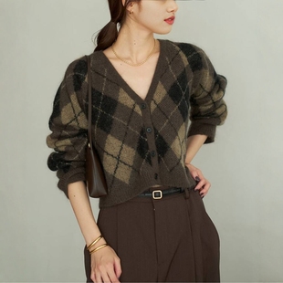 日代 Plage cardigan 25AW 羊毛马海毛混纺菱形图案短款针织开衫