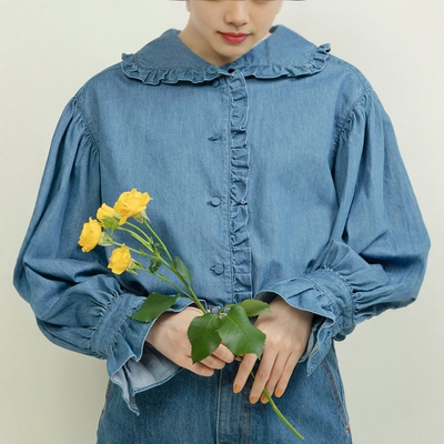 CHILDWOMAN牛仔荷叶边水手衬衫