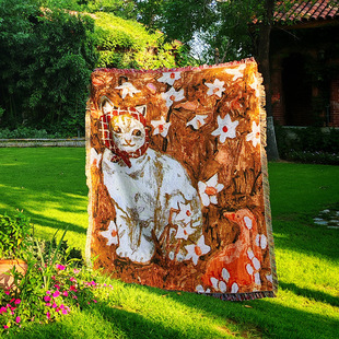 跨境一无是处可爱小猫沙发毯卡通插画棉线毯子装饰挂毯多功能盖毯