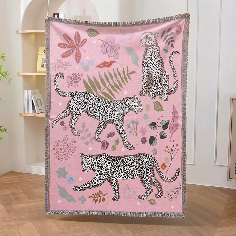 跨境粉红色雪豹挂毯油画中古风沙发毯装饰氛围毯子盖毯户外露营毯