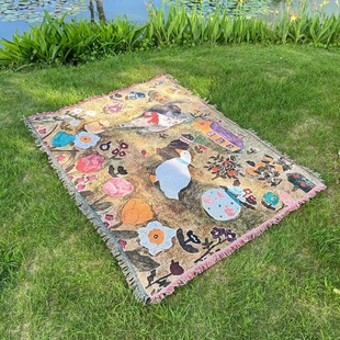 韩版治愈一无是处中古风小猫艺术挂毯复古沙发毯针织盖毯装饰毯子