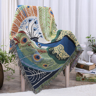 简约北欧美式单人两人沙发巾靠背巾盖布棉麻四季防滑流苏蓝绿色