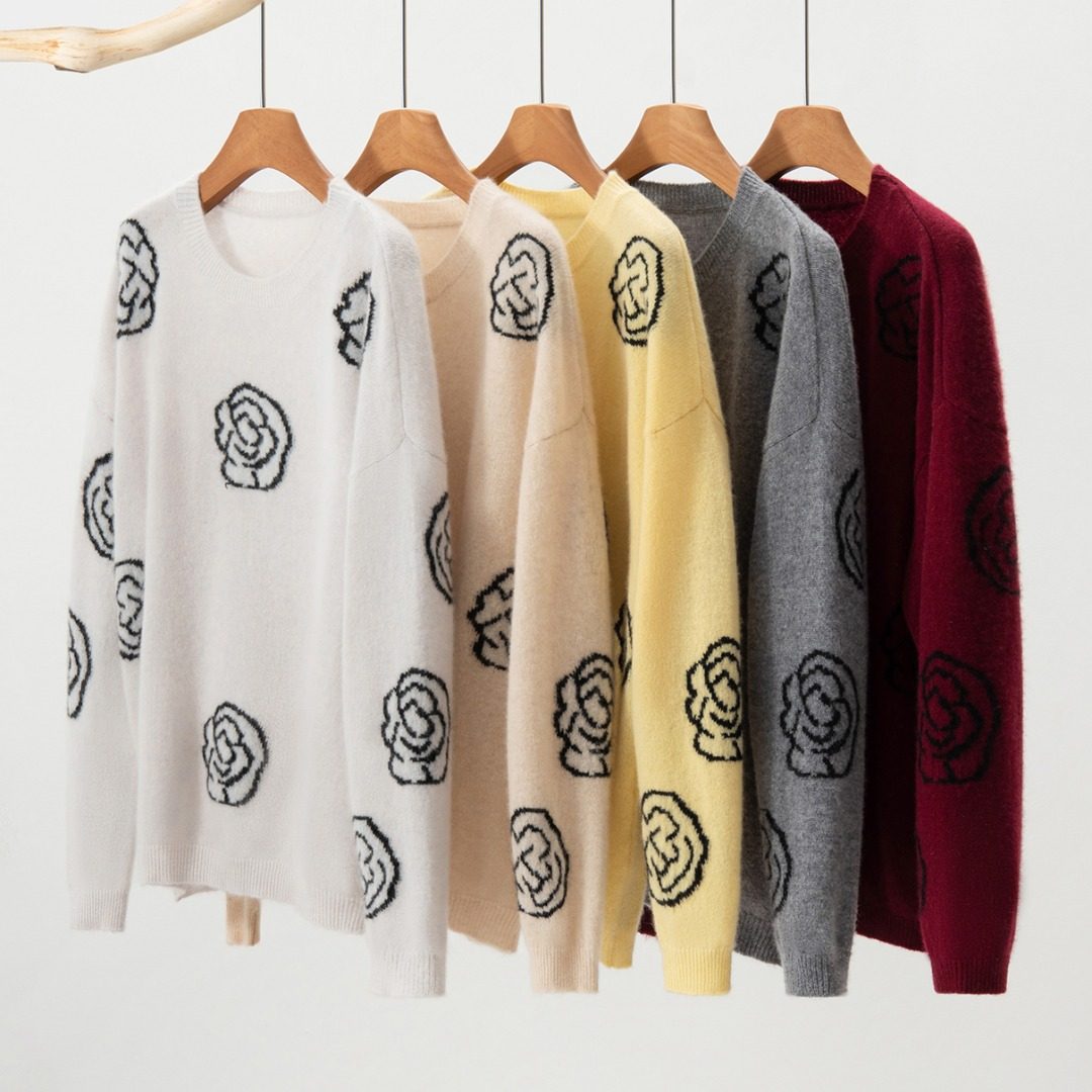 吴姐优选圆领山茶花 阔版百搭电脑提花纯山羊绒衫秋冬毛衣针织衫,女装/女士精品,羊绒衫,淘宝优惠券,粉丝福利购,淘宝优惠卷