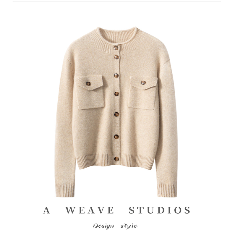 纯羊绒衫女开衫圆领双口袋加厚