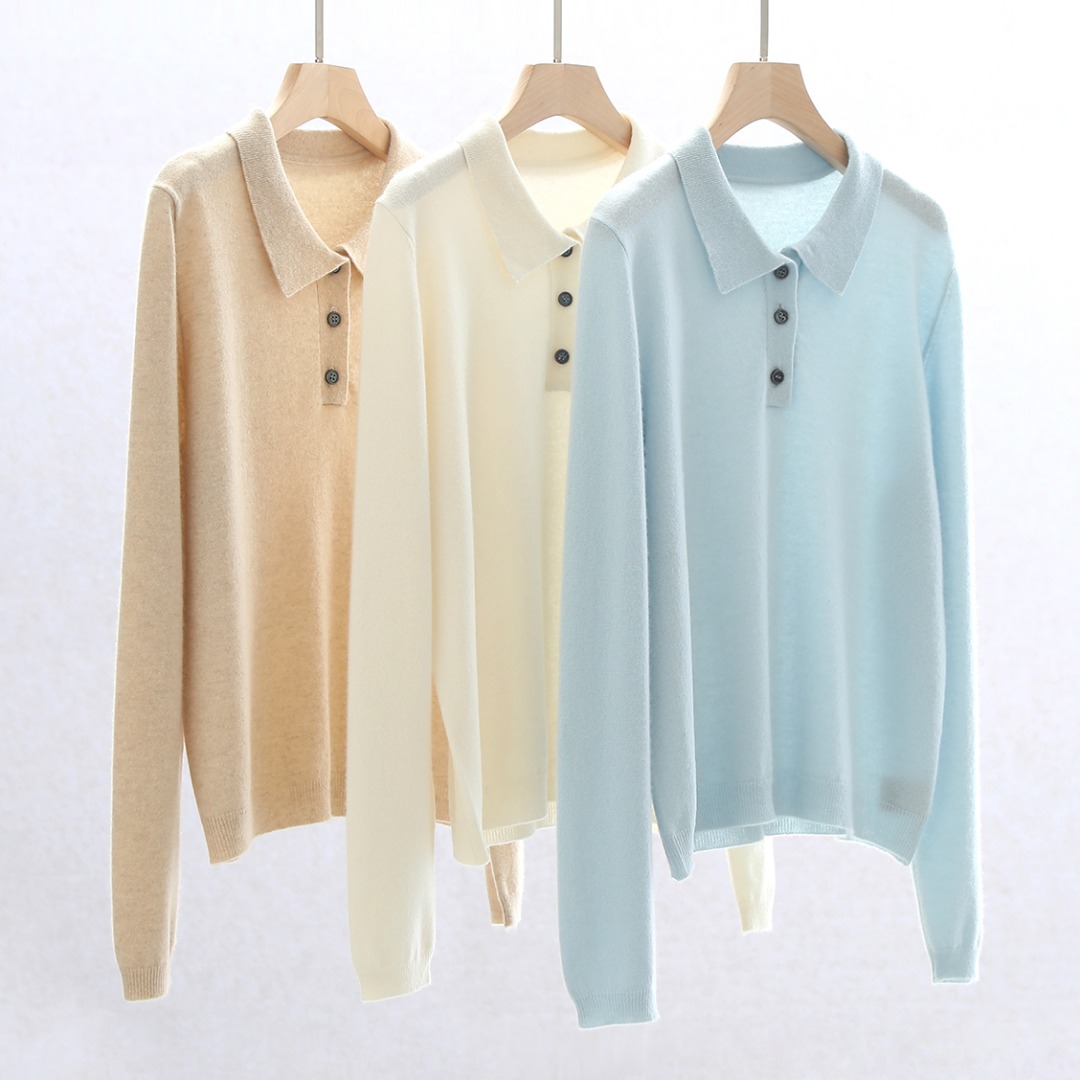 简约款polo领3扣100%山羊绒衫