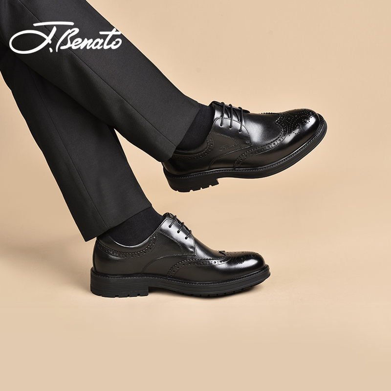 宾度男鞋英伦雕花黑色圆头皮鞋