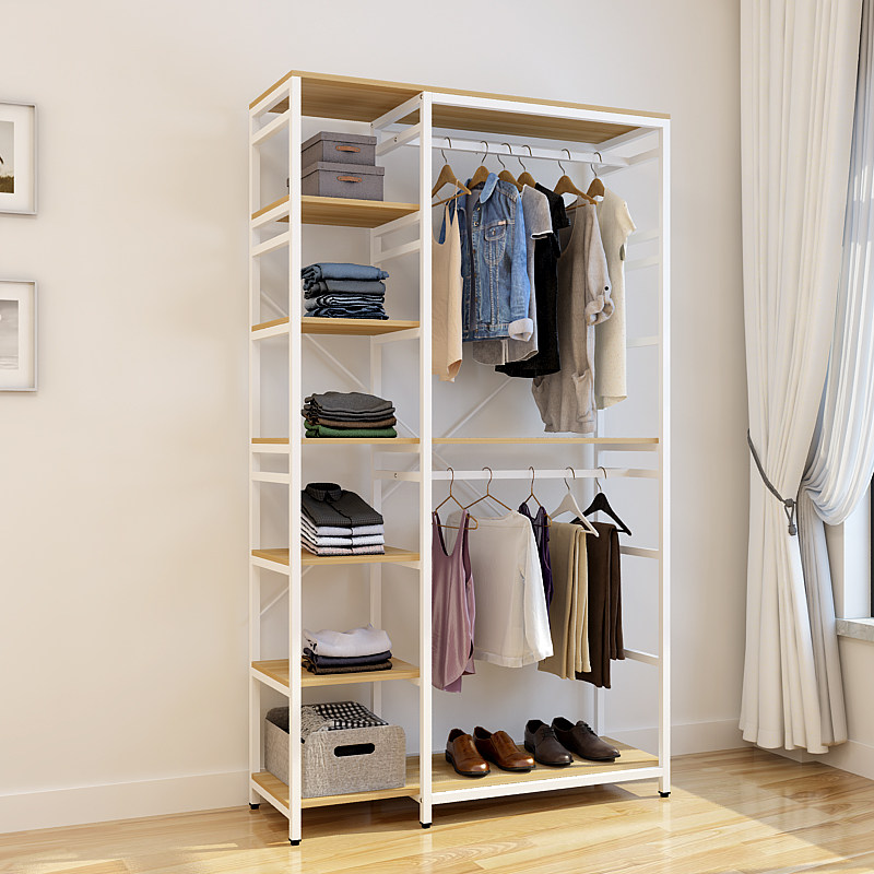 家用卧室开放式衣柜防尘衣帽架多功能置物架双层挂衣落地金属衣橱