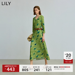 LILY2025夏新款女装复古几何腰果花抽绳V领七分袖收腰绿色连衣裙