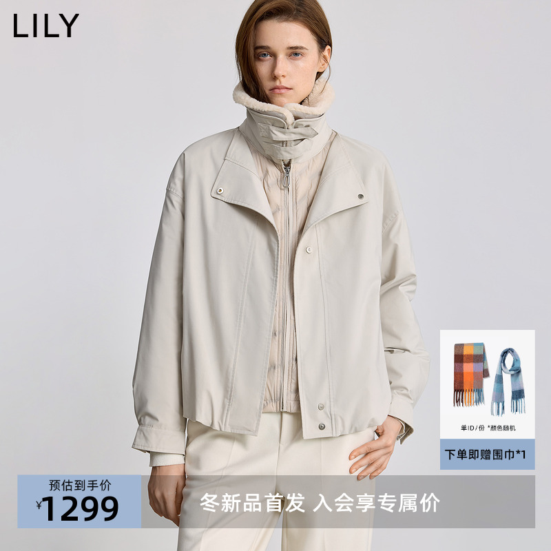 LILY2025冬新款简约纯色毛绒翻领宽松休闲通勤90鸭绒羽绒服外套女