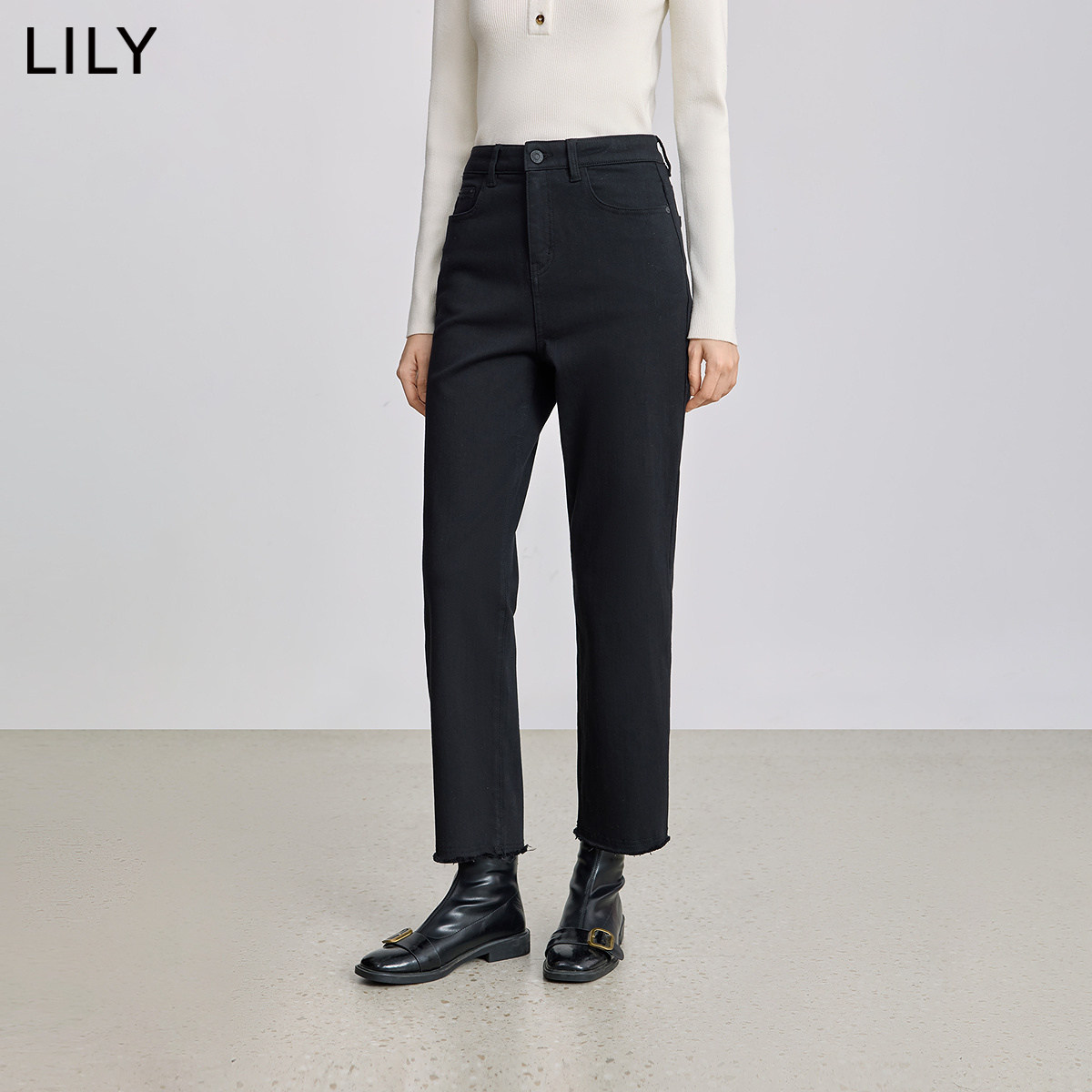 LILY2025冬新款复古窄版休闲通勤抓毛加厚弹力小脚直筒裤牛仔裤女