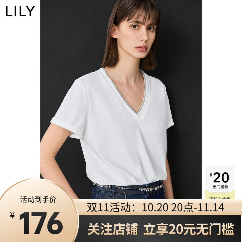 LILY25春新款女装简约假两件V领正肩宽松上衣高级白色短袖流行T恤