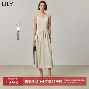 LILY2024秋新款女装含醋酸优雅微光泽A字廓形百搭叠穿吊带连衣裙