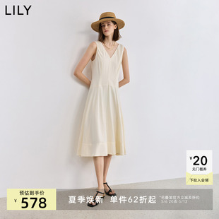 LILY2025夏新款女装简约气质V领宽松休闲无袖吊带裙背心连衣裙