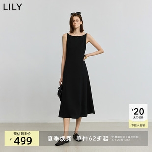 小黑裙LILY2025夏新款女装醋酸混纺一字领褶皱收腰吊带裙连衣裙