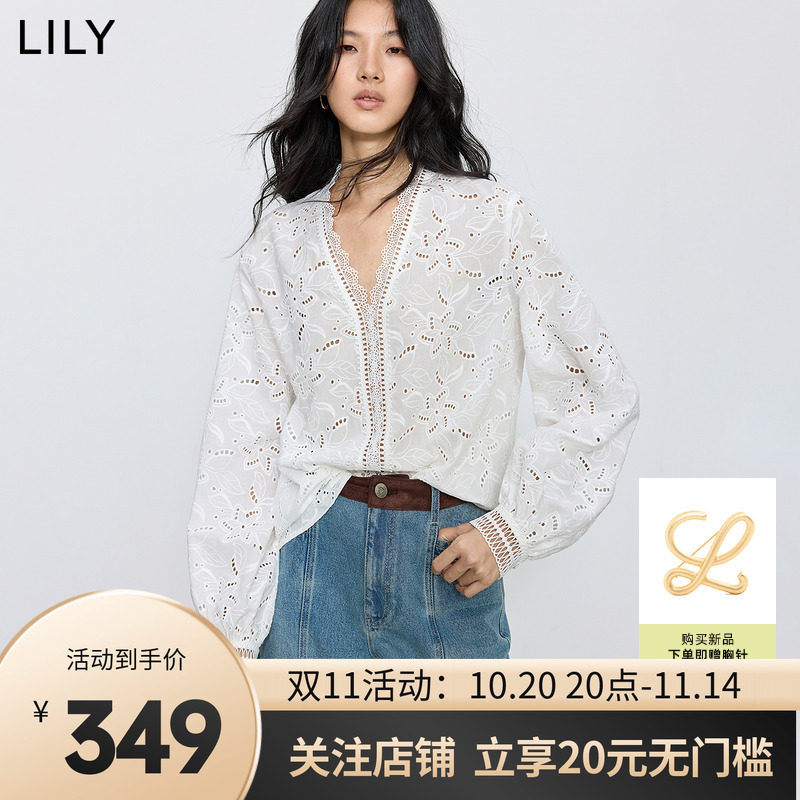 LILY2025秋新款女装纯棉蕾丝衫/雪纺衫