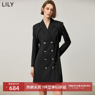 LILY2024秋新款女装优雅商务戗驳领双排扣可拆卸风衣式两穿连衣裙