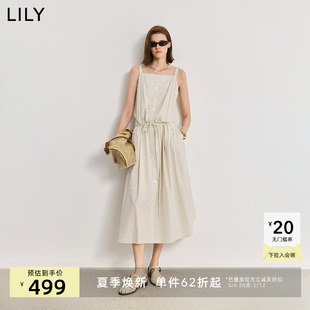 LILY2025夏新款女装度假风条纹方领收腰休闲无袖吊带裙米色连衣裙