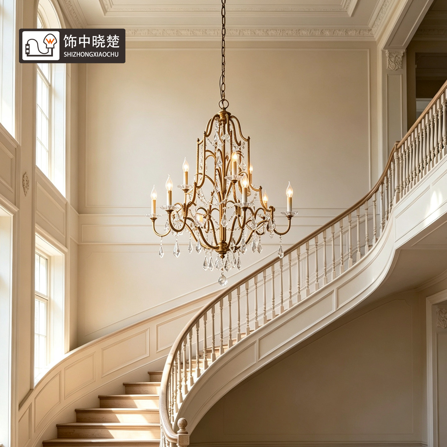 饰中晓楚 美式楼梯吊灯复古双层水晶灯loft别墅复式楼客厅大吊灯