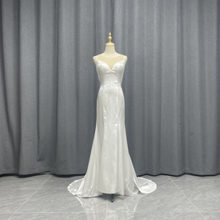 小众设计师款 隐形纱露背手工钉珠醋酸飘带鱼尾小拖尾显高婚纱礼服