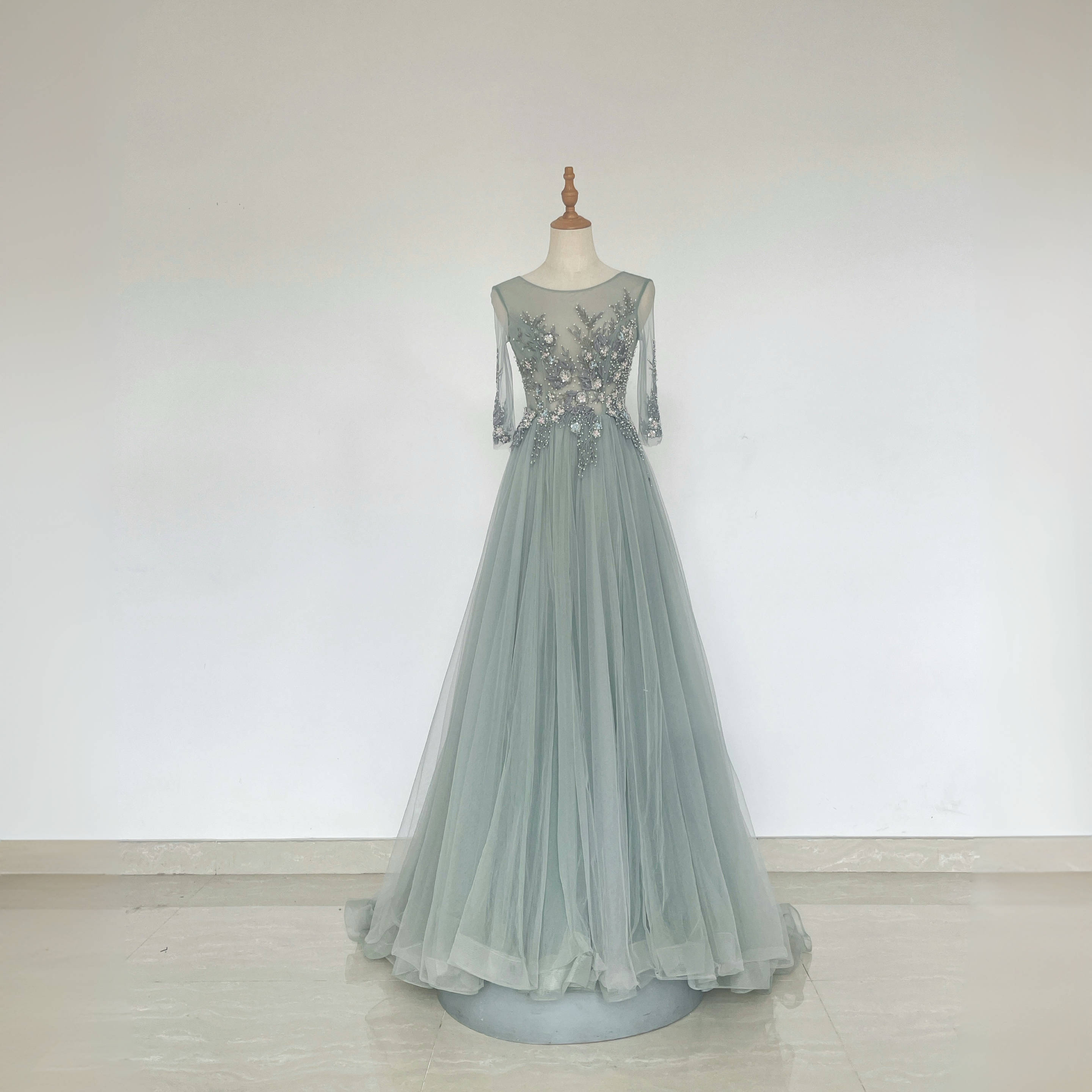 苔藓森林绿文艺风7分袖多色刺绣蕾丝烫钻礼服旅拍生日舞会成人礼