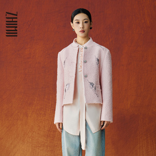 粉色 26新春马蹄莲珠片刺绣立领羊毛短中山外套中式 ZHIMI识弥